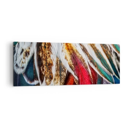 Obraz na płótnie - Zbliżenie na wielokolorowe pióra w żywych, intensywnych barwach - 140x50cm - Tajemnice lotu - Nowoczesna dekoracja ścienna do salonu i sypialni ARTTOR