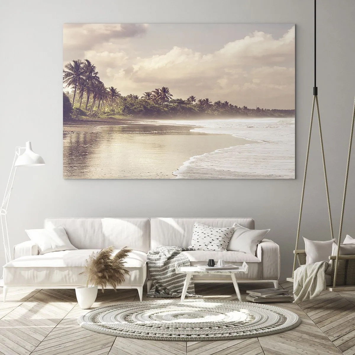 Obraz na szkle - Złocista plaża z palmami i spokojnym oceanem przy delikatnym świetle - 120x80cm - Pieszczota fal - Nowoczesna dekoracja ścienna do salonu, kuchni i sypialni ARTTOR