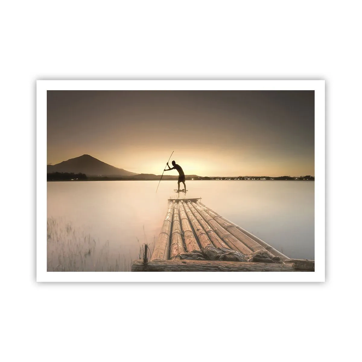 Plakat - Człowiek na tratwie o zachodzie słońca - 100x70cm - Przed spoczynkiem - Nowoczesna dekoracja ścienna do salonu i sypialni ARTTOR