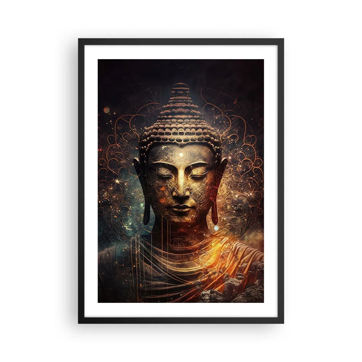 Plakat w czarnej ramie - Mistyczny wizerunek Buddy w złotych odcieniach - 50x70cm - Duchowa równowaga - Nowoczesna dekoracja ścienna do salonu i sypialni ARTTOR