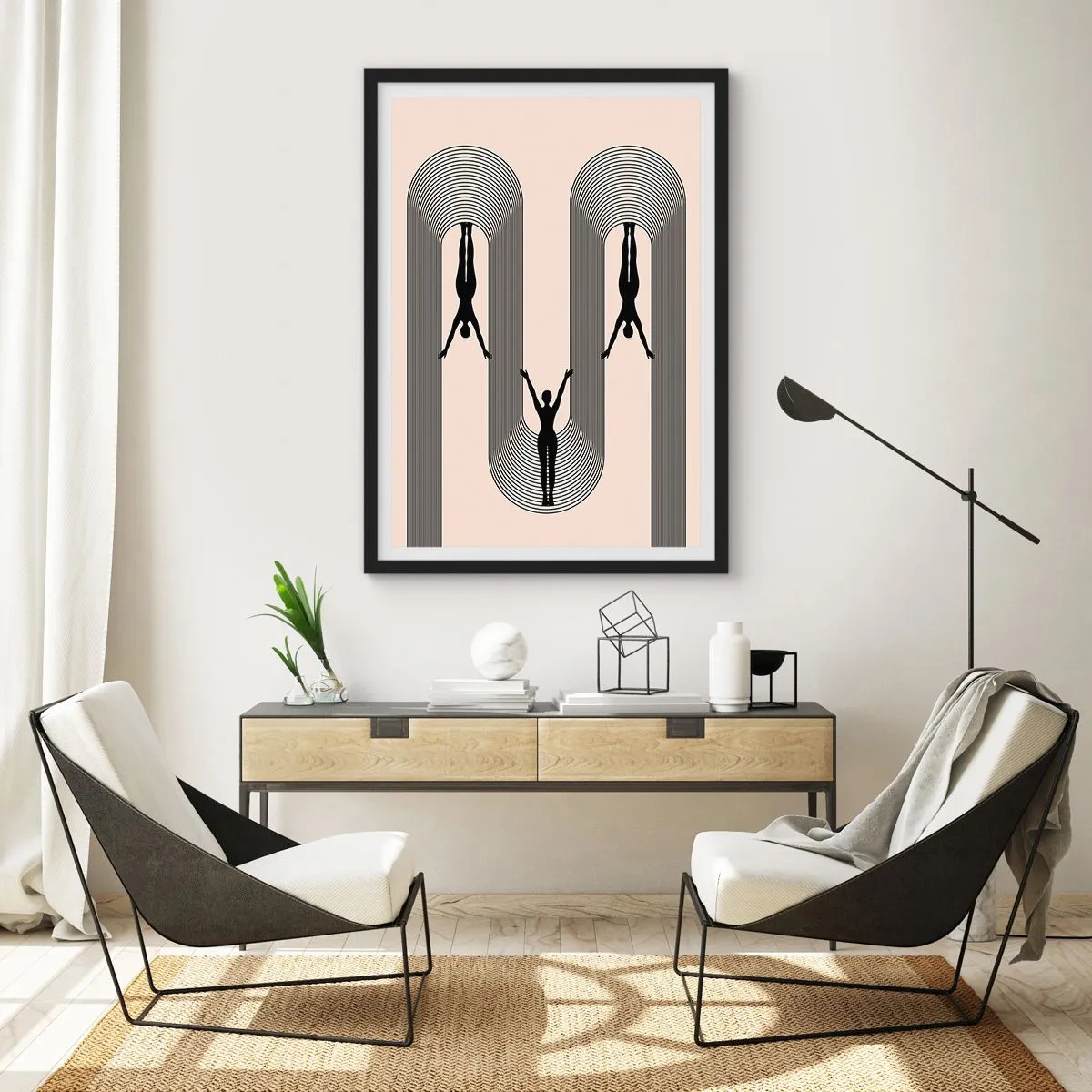 Plakat w czarnej ramie - Minimalistyczne sylwetki w geometrycznej kompozycji - 50x70cm - Do góry nogami - Nowoczesna dekoracja ścienna do salonu i sypialni ARTTOR