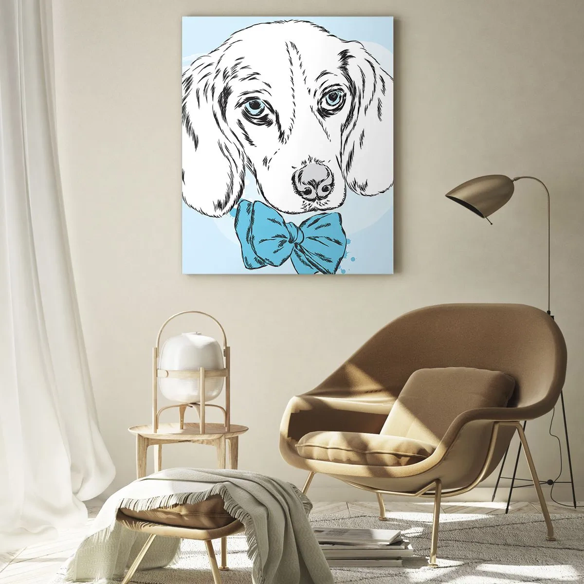 Obraz na szkle - Rysunek psa z muszką na niebieskim tle - 50x70cm - Psia elegancja - Nowoczesna dekoracja ścienna do salonu, kuchni i sypialni ARTTOR