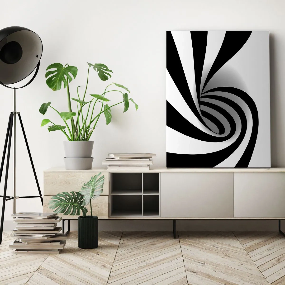 Obraz na płótnie - Hipnotyzujący czarno-biały wir - 50x70cm - A jednak się kręci - Nowoczesna dekoracja ścienna do salonu, kuchni i sypialni ARTTOR