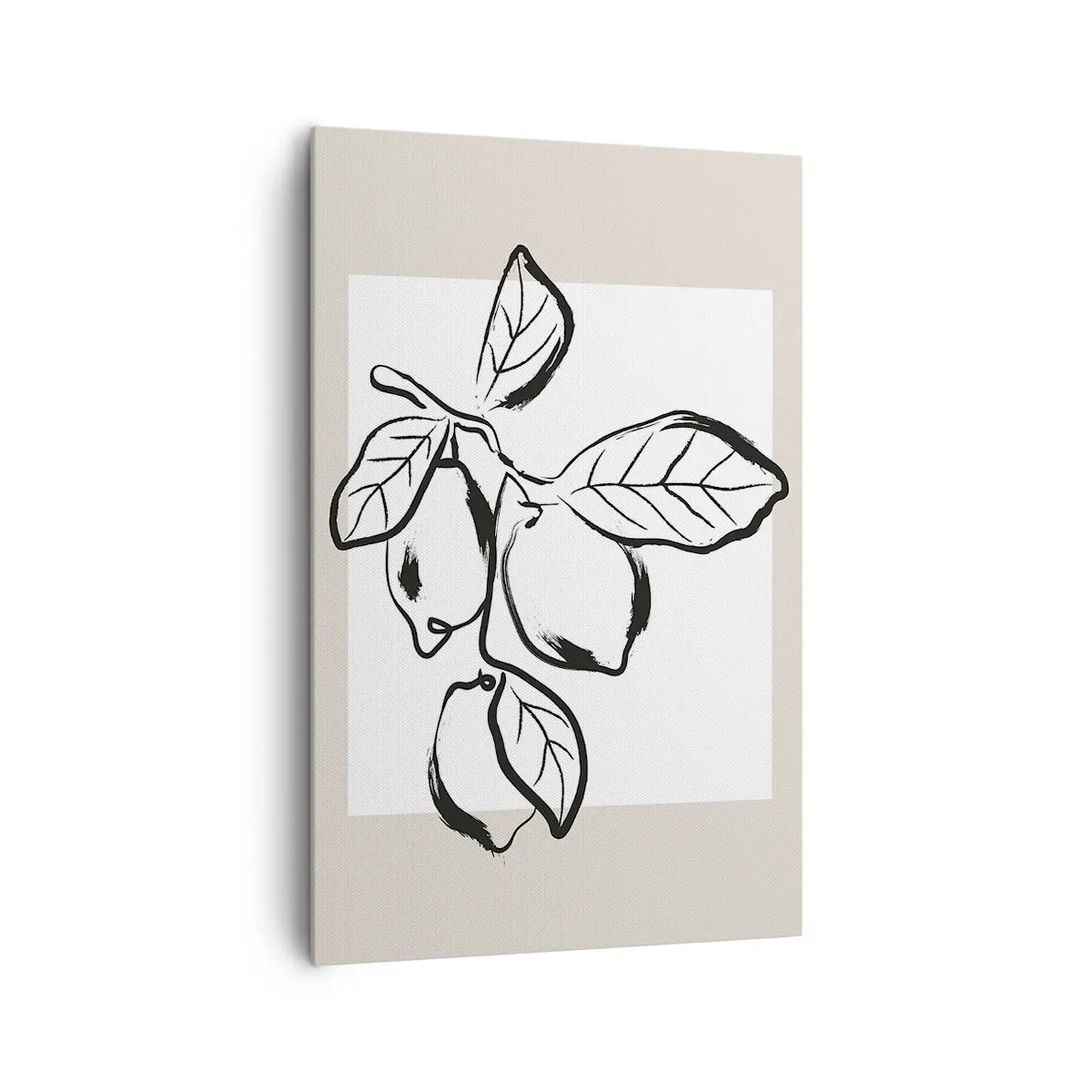 Obraz na płótnie - Minimalistyczna ilustracja cytryn na gałązce w czerni i bieli - 80x120cm - Gdzie cytryna dojrzewa… - Nowoczesna dekoracja ścienna do salonu i sypialni ARTTOR