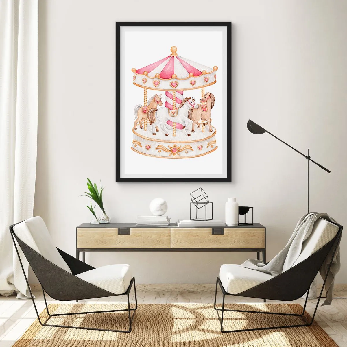 Plakat w czarnej ramie - Akwarelowa karuzela w pastelowych odcieniach różu - 50x70cm - Słodki świat dzieciństwa - Nowoczesna dekoracja ścienna do salonu i sypialni ARTTOR