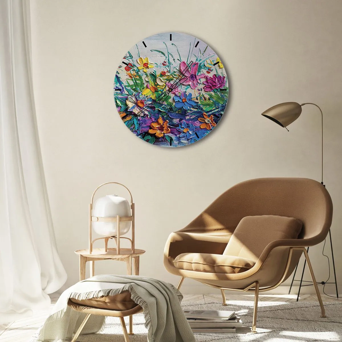 Zegar ścienny - Kolorowy pejzaż kwiatowy w technice impasto - 30x30cm - Wcale nie-martwa natura - Nowoczesna dekoracja ścienna do salonu, kuchni i sypialni ARTTOR