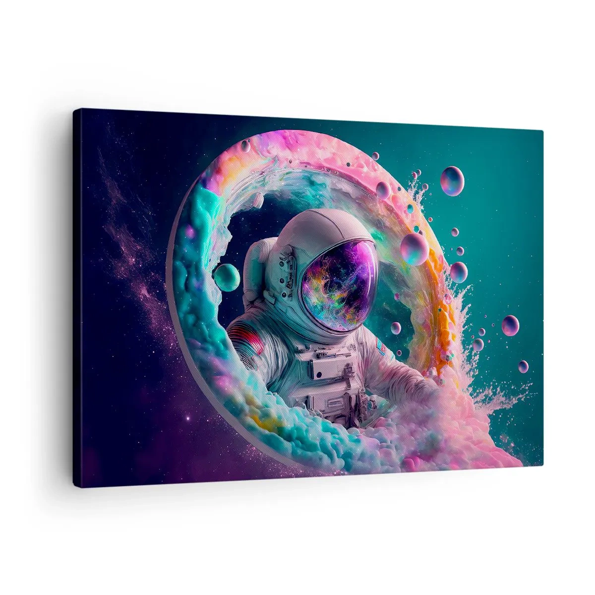 Obraz na płótnie - Astronauta w kolorowej kosmicznej aurze - 70x50cm - Gwiezdne wrota - Nowoczesna dekoracja ścienna do salonu i sypialni ARTTOR