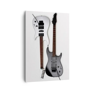 Obraz na płótnie - Dwie elektryczne gitary w czarno-białych kolorach na jasnym tle. - 70x100cm - Harmonia kształtów - Nowoczesna dekoracja ścienna do salonu i sypialni ARTTOR