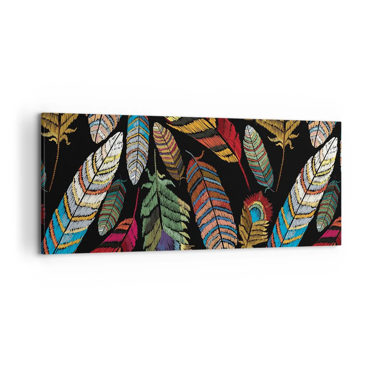 Obraz na płótnie - Kolorowe pióra na czarnym tle - 120x50cm - Ptasi karnawał - Nowoczesna dekoracja ścienna do salonu i sypialni ARTTOR