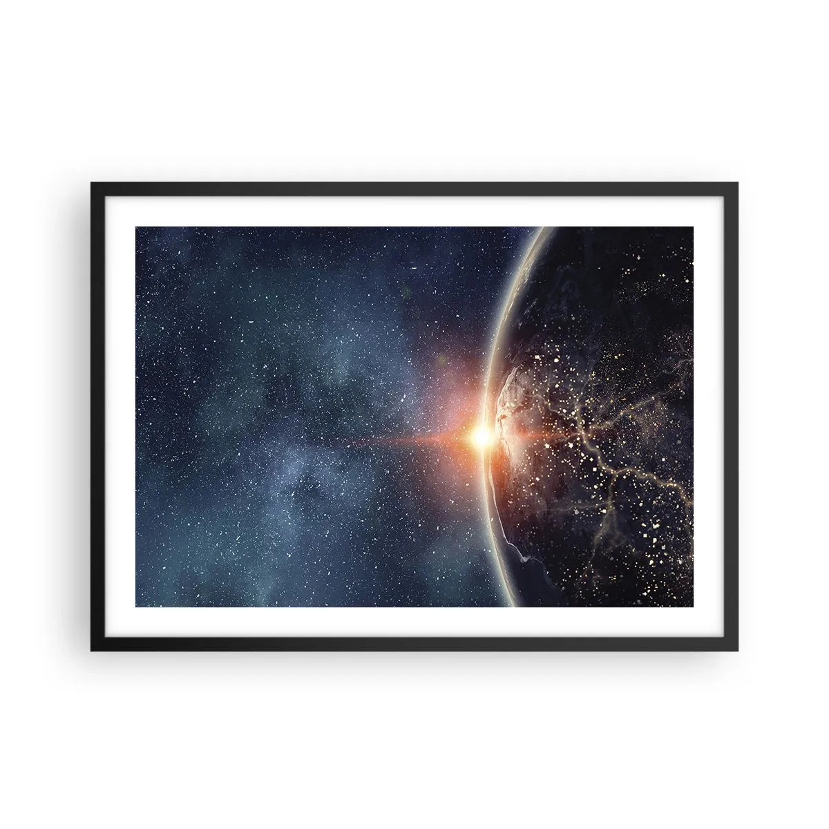 Plakat w czarnej ramie - Ziemia widziana z kosmosu z wschodzącym słońcem - 70x50cm - W nowej perspektywie - Nowoczesna dekoracja ścienna do salonu i sypialni ARTTOR