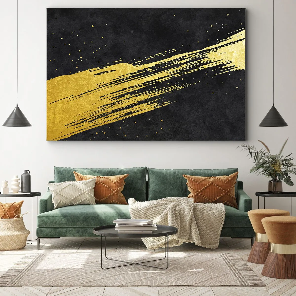 Obraz na płótnie - Czarne tło z dynamicznym złotym pociągnięciem pędzla - 70x50cm - Skok w nadprzestrzeń - Nowoczesna dekoracja ścienna do salonu i sypialni ARTTOR