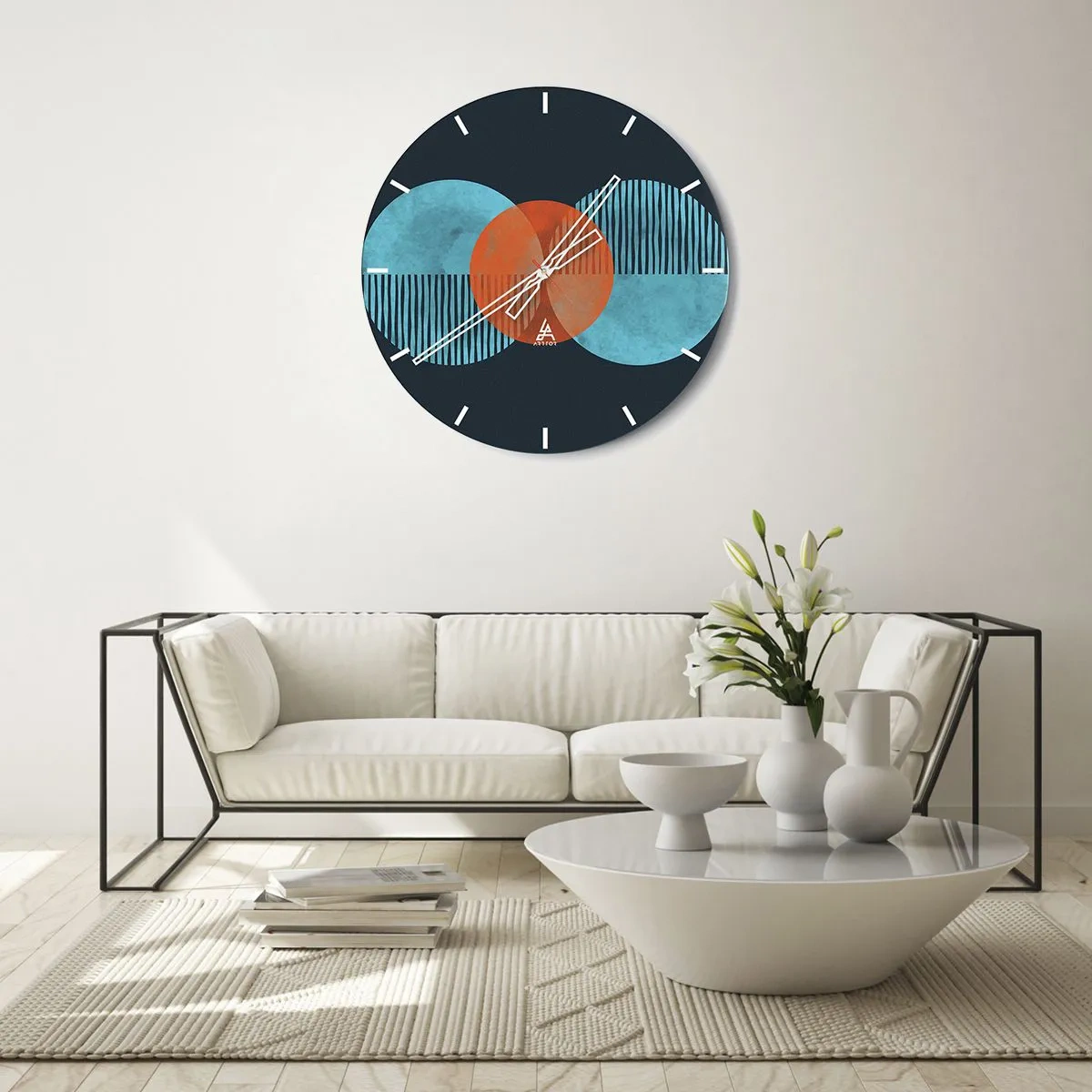 Zegar ścienny - Abstrakcyjna kompozycja z kół i linii w odcieniach błękitu i pomarańczu - 30x30cm - Kompozycja symetryczna - Nowoczesna dekoracja ścienna do salonu, kuchni i sypialni ARTTOR