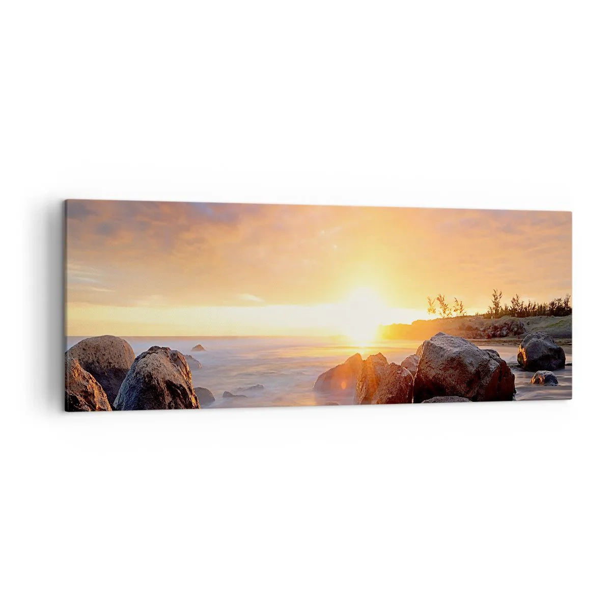 Obraz na płótnie - Zachód słońca nad kamienistym wybrzeżem - 140x50cm - Świetlista bryza wieczoru - Nowoczesna dekoracja ścienna do salonu i sypialni ARTTOR