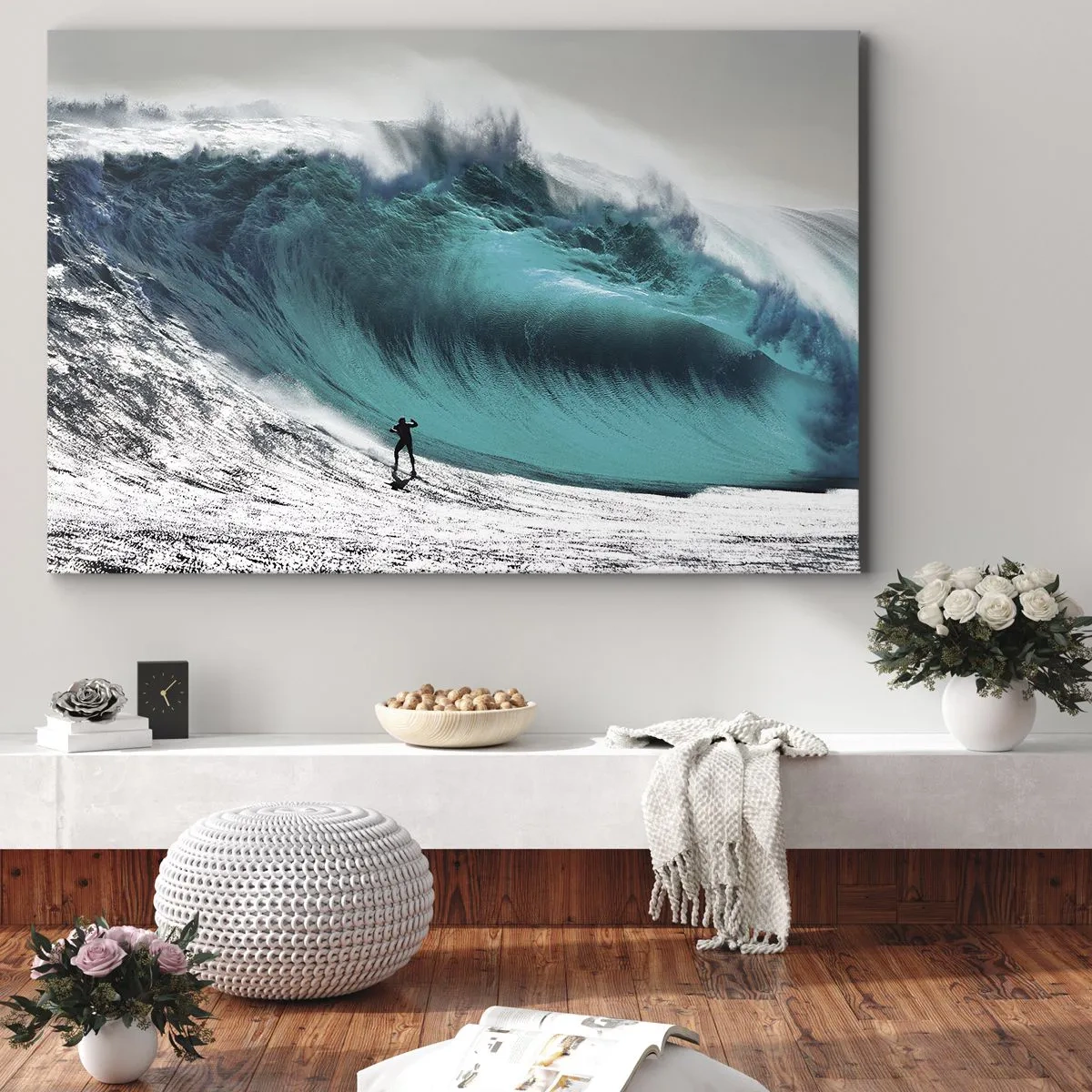 Obraz na płótnie - Surfer przed ogromną falą - 100x70cm - Wyzwanie przyjęte - Nowoczesna dekoracja ścienna do salonu, kuchni i sypialni ARTTOR