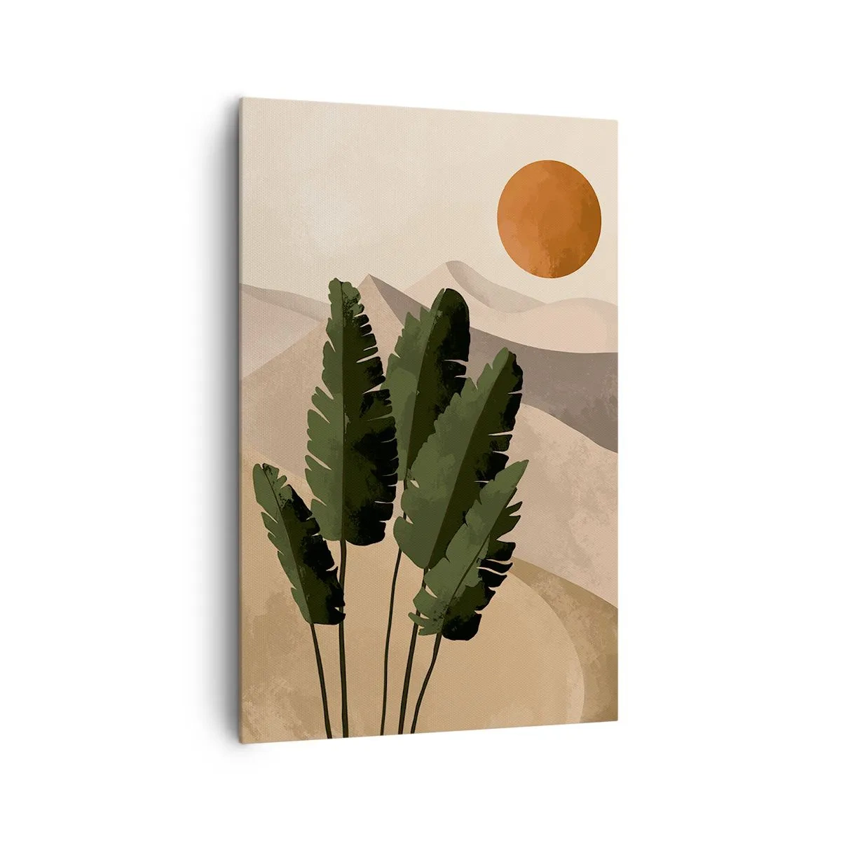 Obraz na płótnie - Palmy na tle pustynnych gór i zachodzącego słońca w ciepłych barwach - 80x120cm - Triumf życia - Nowoczesna dekoracja ścienna do salonu i sypialni ARTTOR