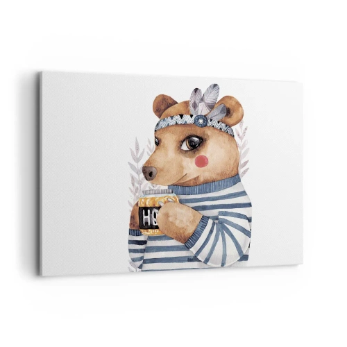 Obraz na płótnie - Miś w pasiastym sweterku z kubkiem miodu - 100x70cm - Słodka Misia - Nowoczesna dekoracja ścienna do salonu, kuchni i sypialni ARTTOR
