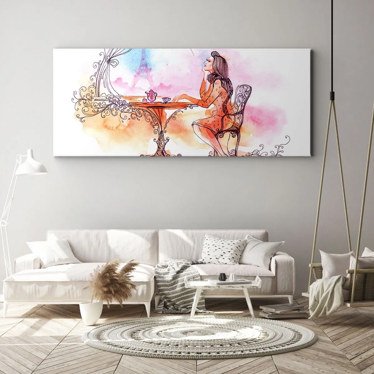 Obraz na płótnie - Romantyczna akwarela kobiety w kawiarni z widokiem na wieżę - 120x50cm - Paryski szyk - Nowoczesna dekoracja ścienna do salonu i sypialni ARTTOR