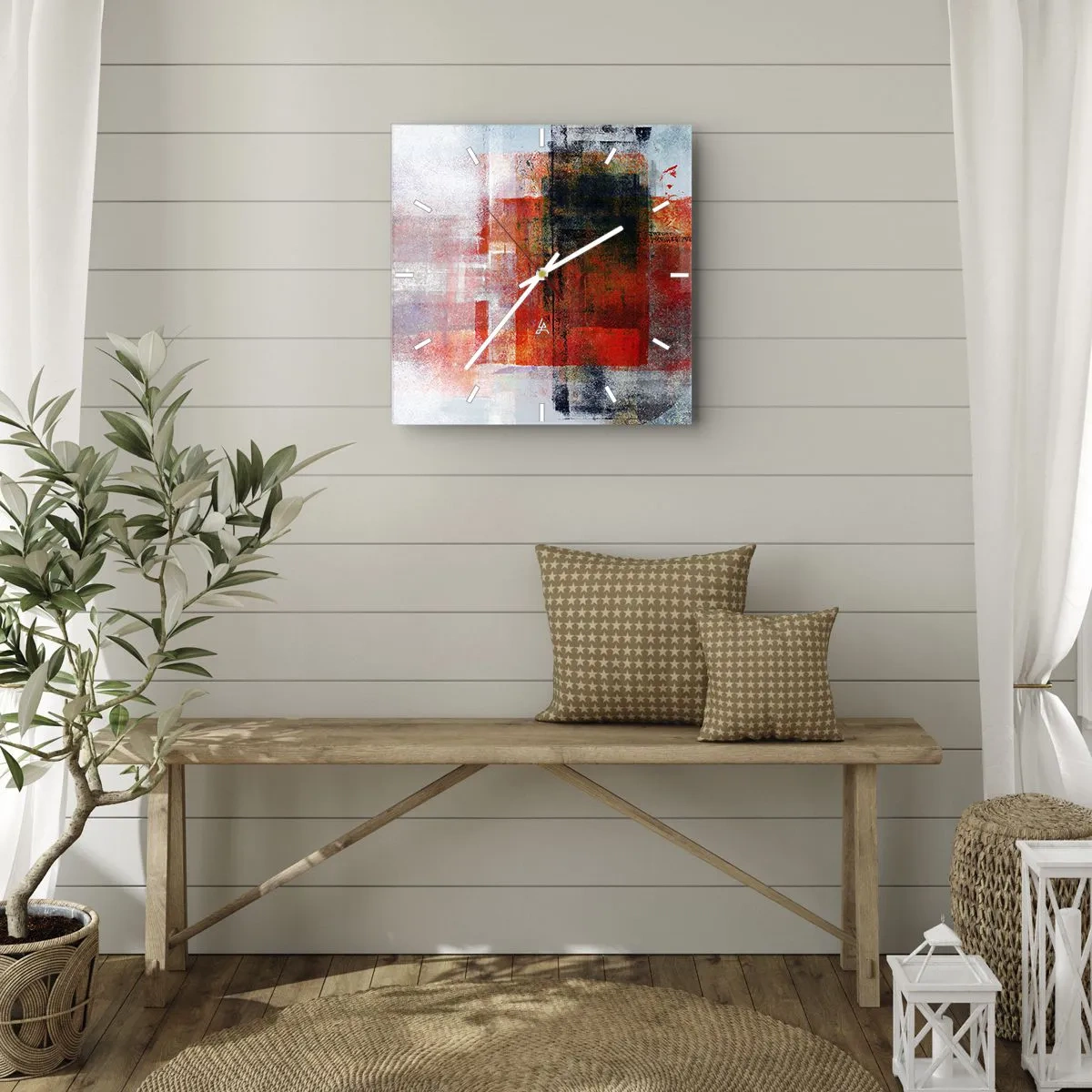 Zegar ścienny - Abstrakcyjna kompozycja geometryczna z czerwonymi i pomarańczowymi akcentami - 30x30cm - Kompozycja rozżarzona - Nowoczesna dekoracja ścienna do salonu i sypialni ARTTOR