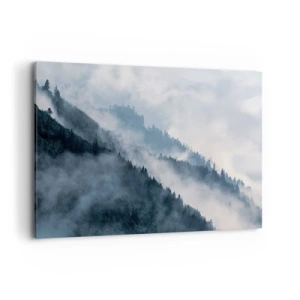 Obraz na płótnie - Mgła unosząca się nad zalesionymi zboczami gór w tajemniczym krajobrazie - 100x70cm - Mistyka gór - Nowoczesna dekoracja ścienna do salonu, kuchni i sypialni ARTTOR