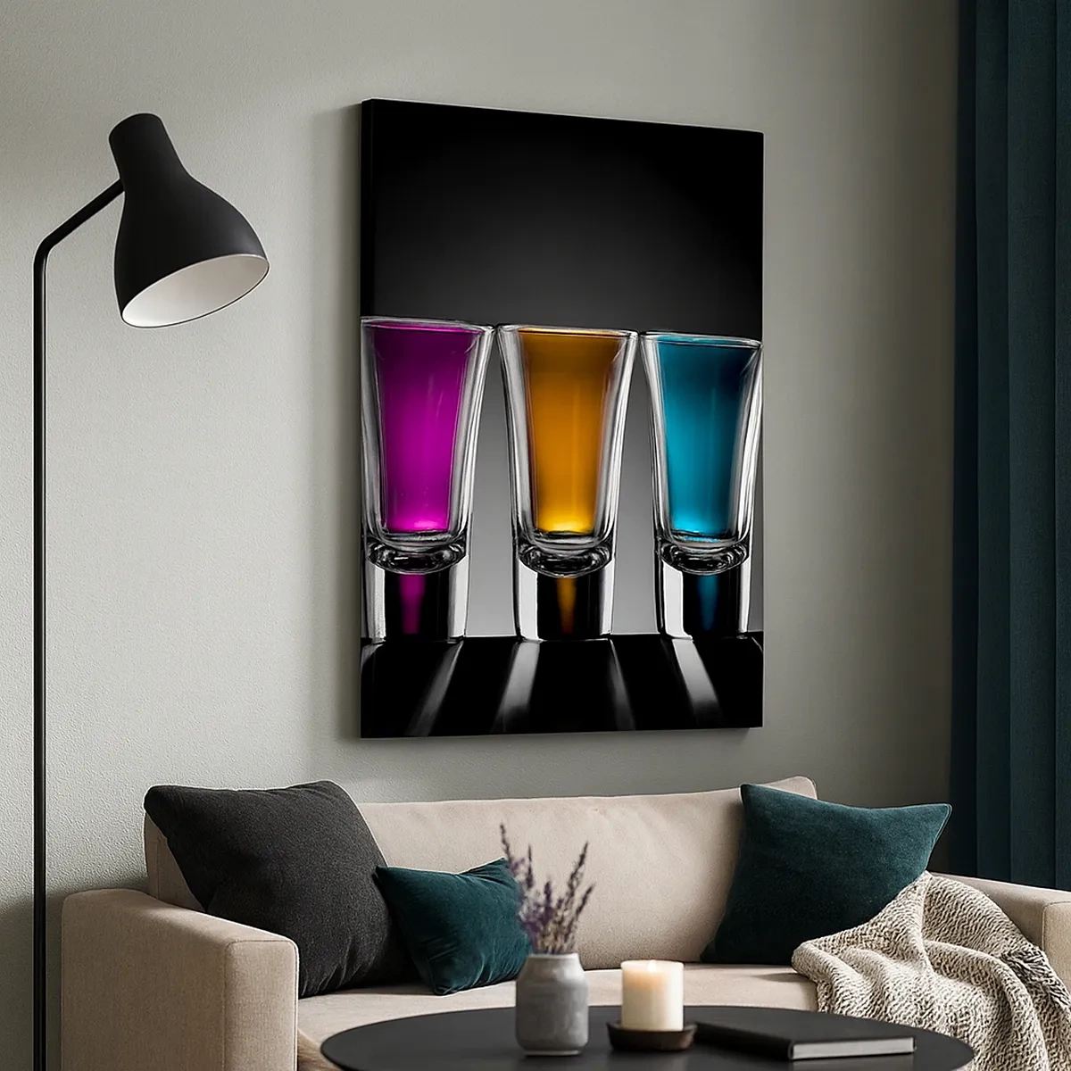 Obraz na płótnie - Kolorowe drinki w szklankach na czarnym tle - 50x70cm - Barwy radości - Nowoczesna dekoracja ścienna do salonu, kuchni i sypialni ARTTOR