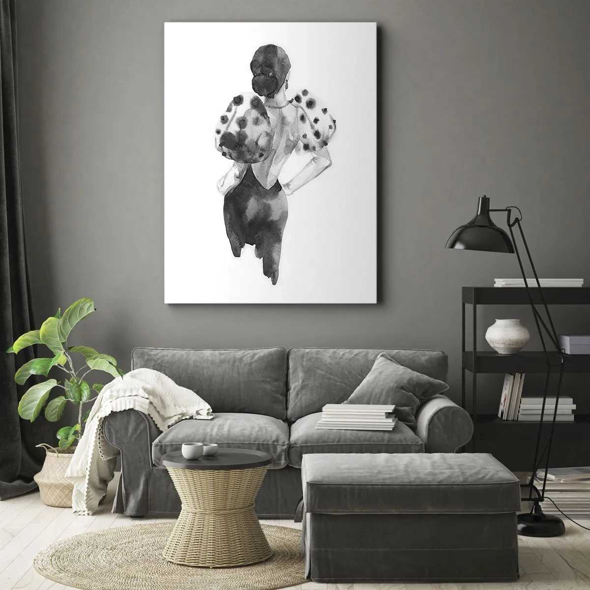 Obraz na płótnie - Czarno-biała akwarela kobiety w eleganckim stroju z bufkami - 50x70cm - Przeszła tuż obok - Nowoczesna dekoracja ścienna do salonu, kuchni i sypialni ARTTOR