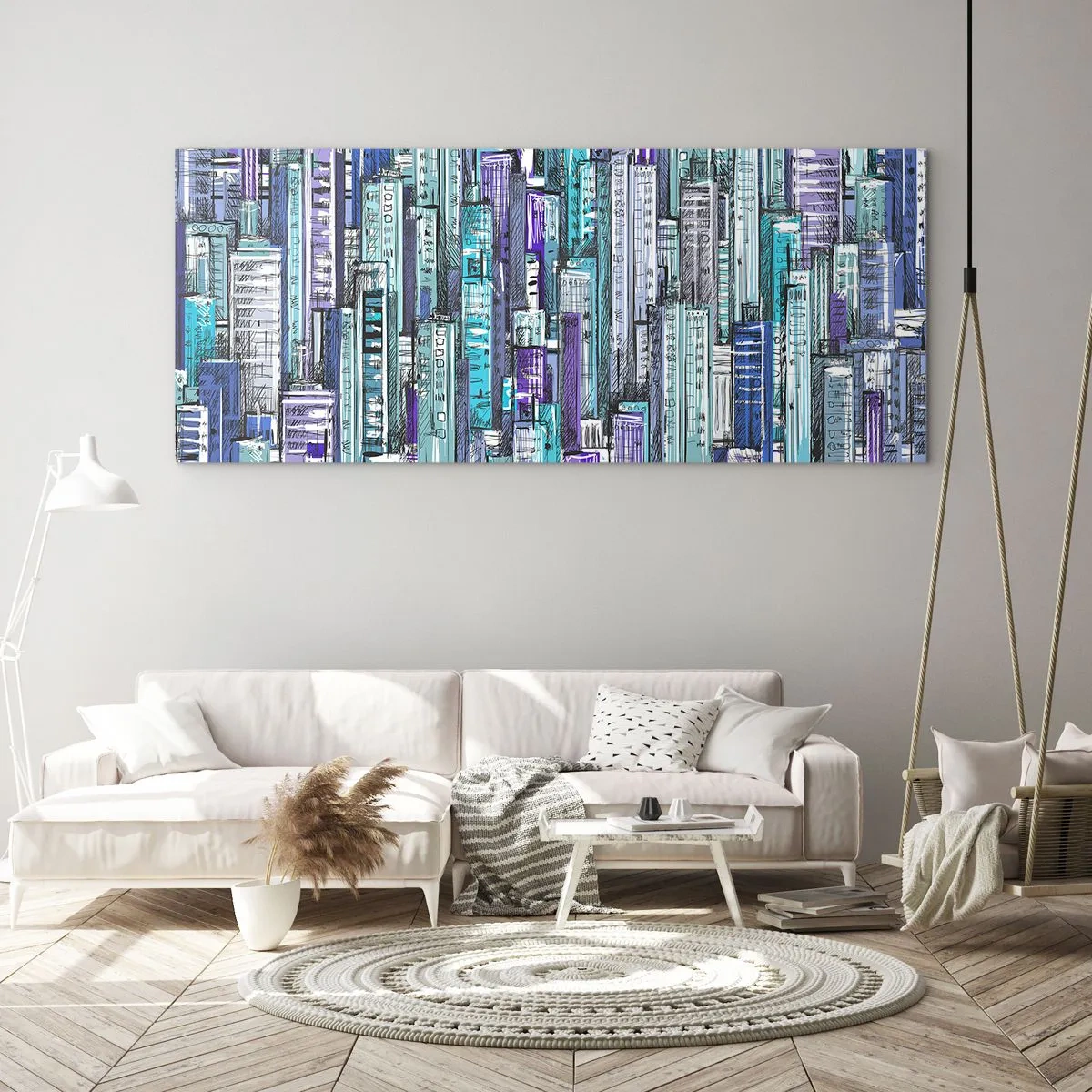 Obraz na szkle - Ilustracja miasta z geometrycznymi budynkami w odcieniach błękitu i fioletu - 120x50cm - Pobłękitniałe od nieba - Nowoczesna dekoracja ścienna do salonu i sypialni ARTTOR