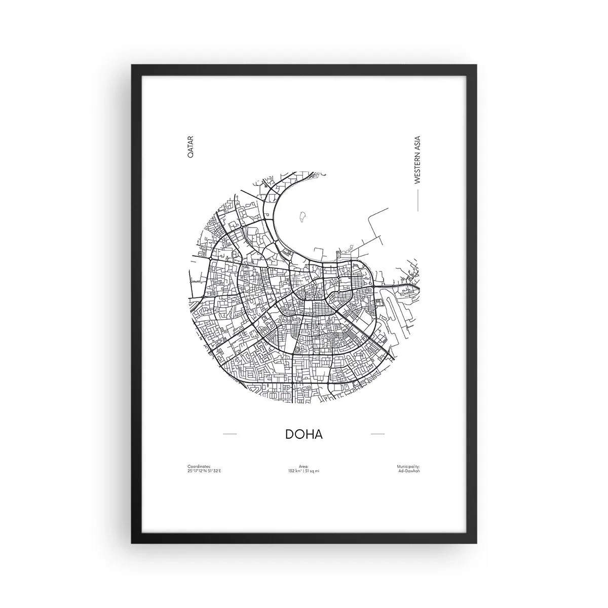 Plakat w czarnej ramie - Anatomia Dohy - Minimalistyczna mapa Dohy w czarno-białym stylu - 50x70cm