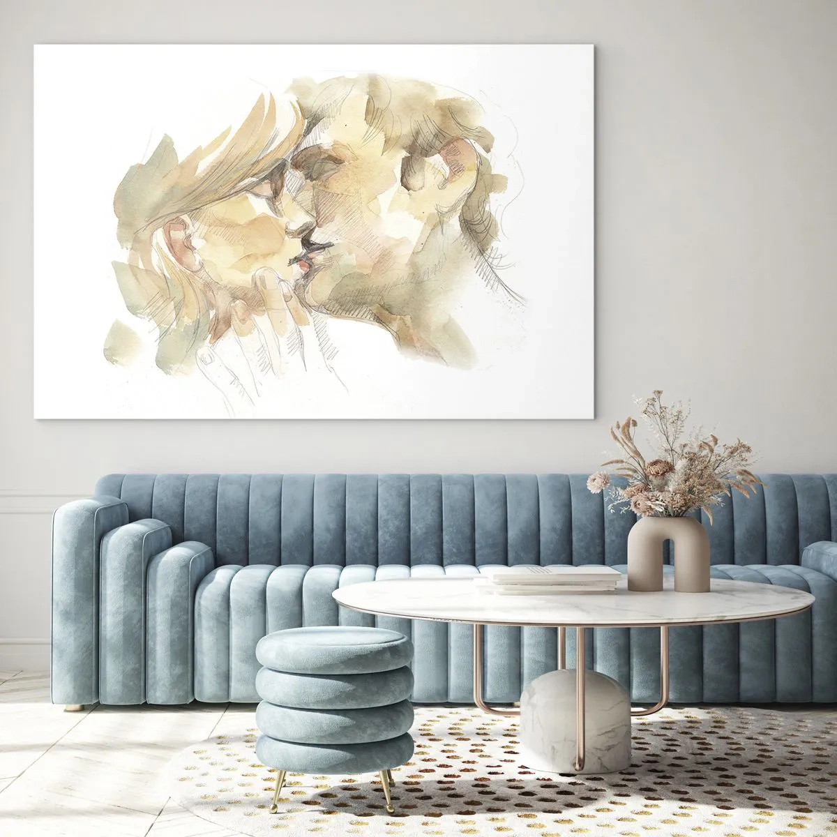 Obraz na szkle - Romantyczna akwarela z pocałunkiem zakochanych - 70x50cm - Odnaleziona połowa? - Nowoczesna dekoracja ścienna do salonu i sypialni ARTTOR