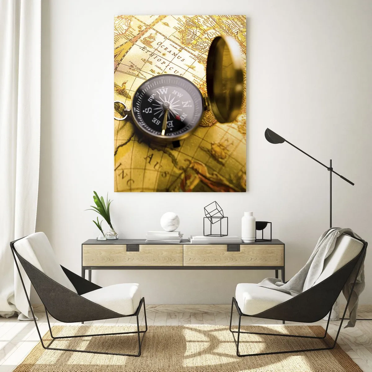 Obraz na szkle - Złota mapa z kompasem jako akcentem przygodowym - 50x70cm - A może na kraniec świata? - Nowoczesna dekoracja ścienna do salonu, kuchni i sypialni ARTTOR