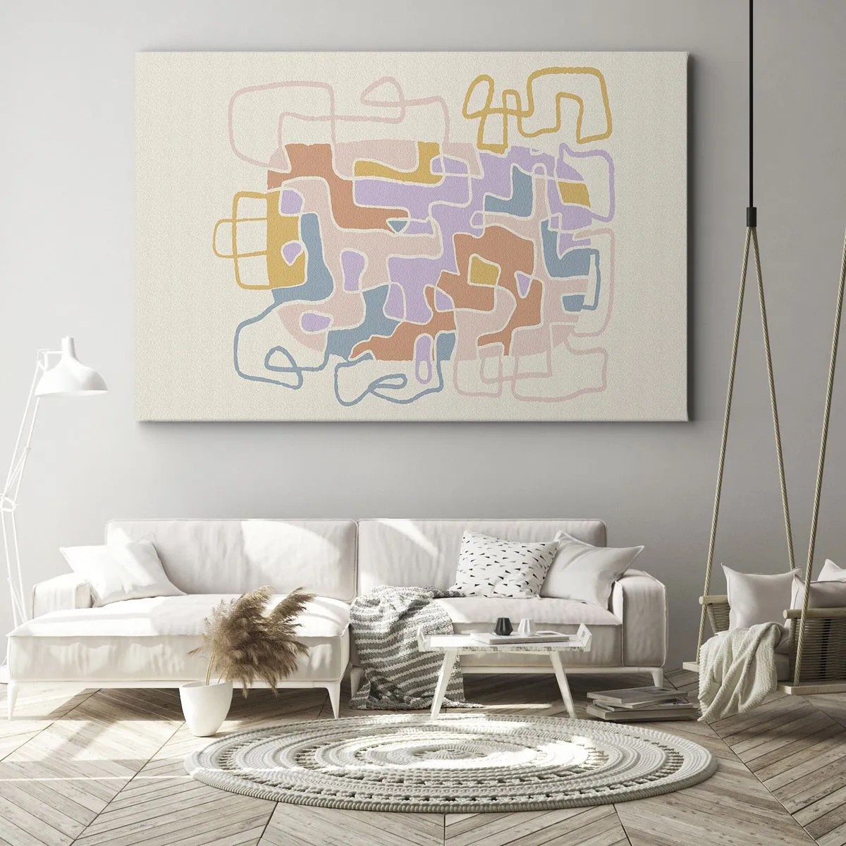Obraz na płótnie - Pastelowe abstrakcyjne linie tworzące geometryczne wzory - 70x50cm - Labirynt – radosna przygoda - Nowoczesna dekoracja ścienna do salonu i sypialni ARTTOR
