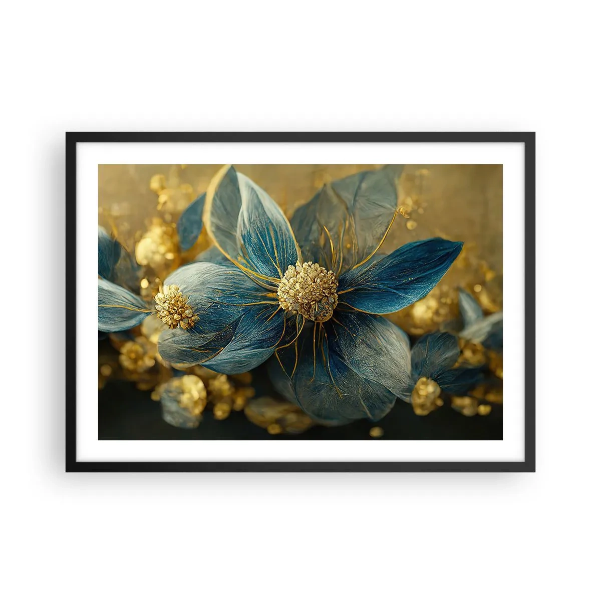 Plakat w czarnej ramie - Eleganckie kwiaty w odcieniach niebieskiego i złota - 70x50cm - Zakwitnąć złotem - Nowoczesna dekoracja ścienna do salonu i sypialni ARTTOR