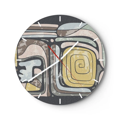 Zegar ścienny - Abstrakcyjne formy z motywem spirali w stylu etnicznym - 30x30cm - Abstrakcja w duchu prekolumbijskim - Nowoczesna dekoracja ścienna do salonu, kuchni i sypialni ARTTOR