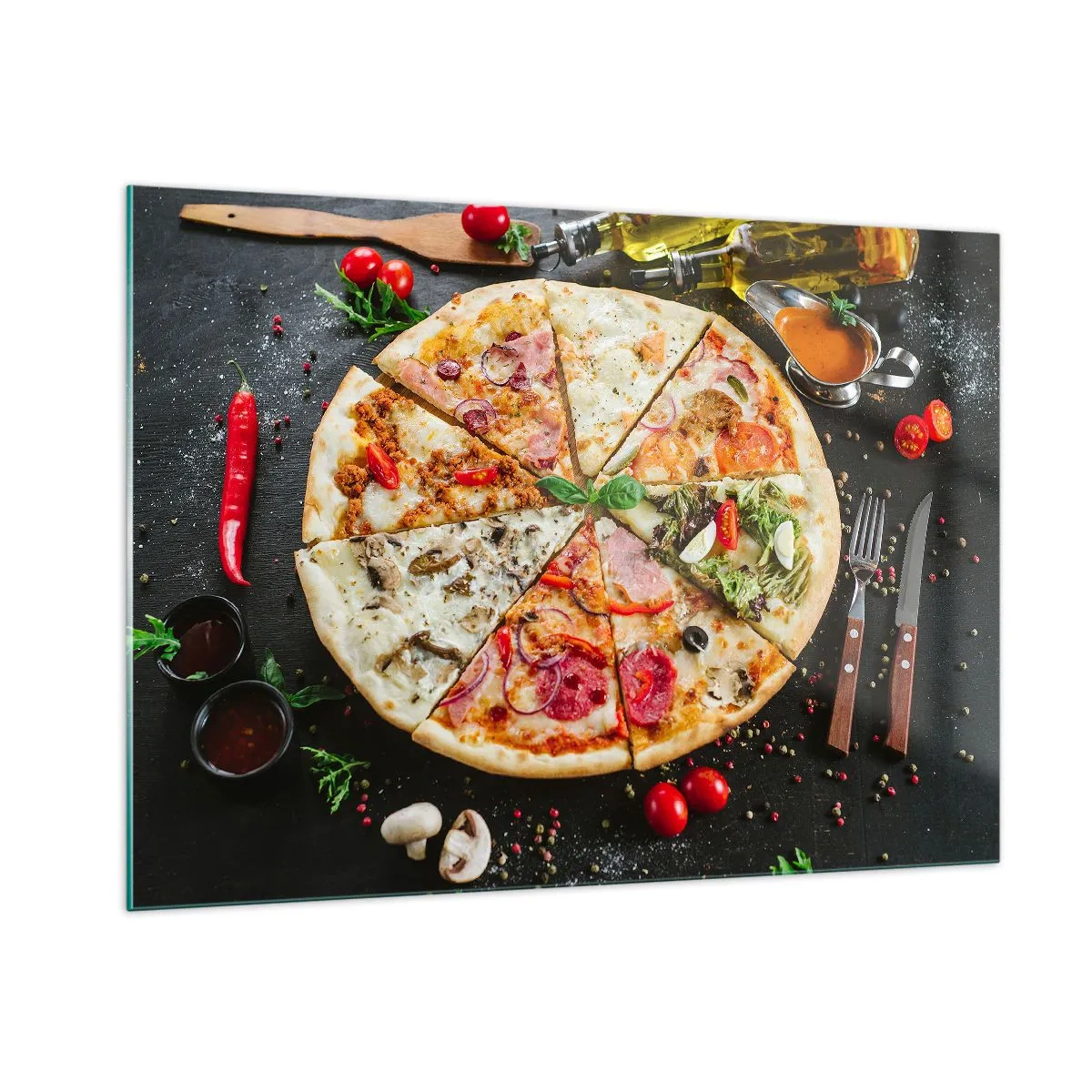 Obraz na szkle - Pizza w różnych smakach z dodatkami na ciemnym tle - 100x70cm - Wachlarz smaków - Nowoczesna dekoracja ścienna do salonu, kuchni i sypialni ARTTOR