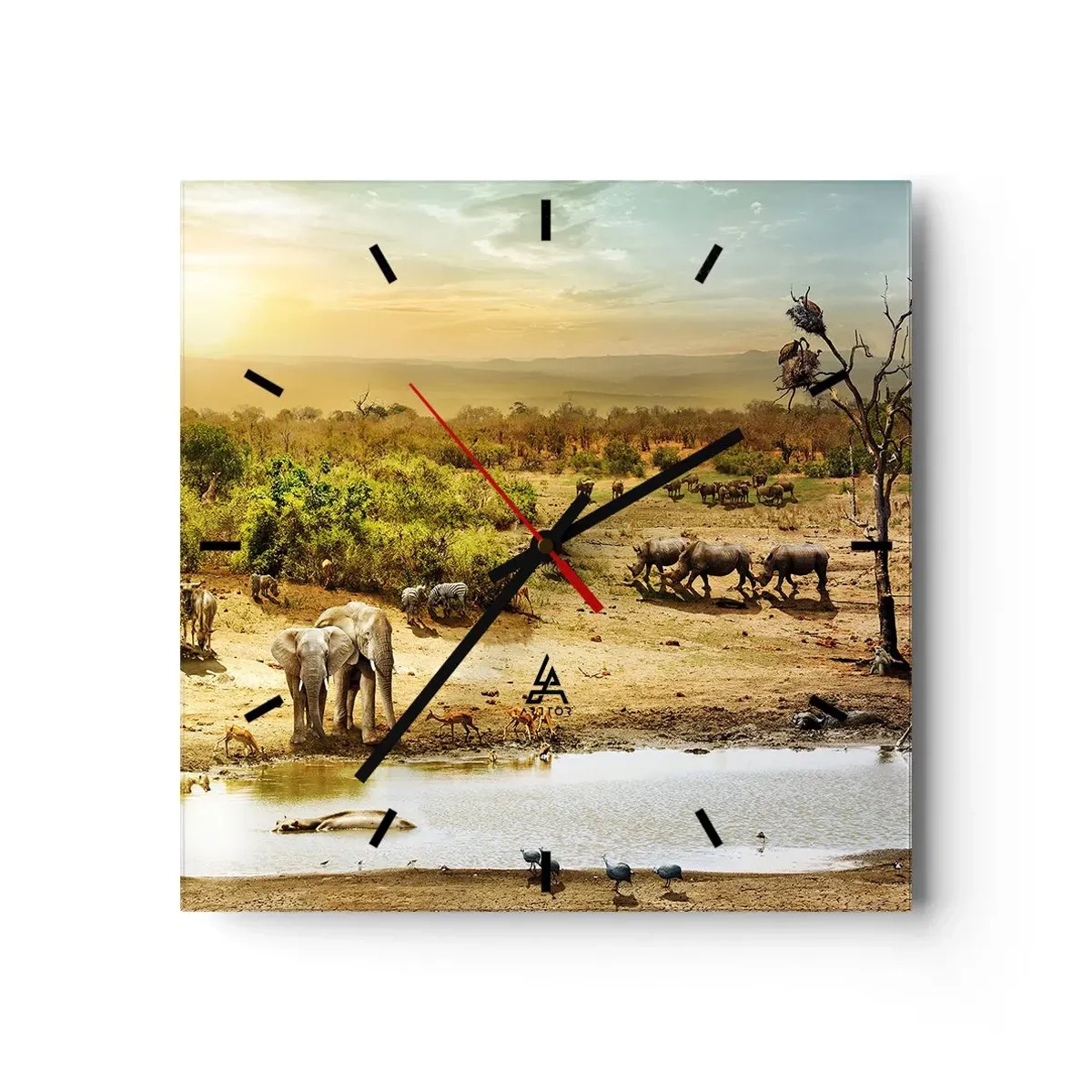Zegar ścienny - Słonie i dzikie zwierzęta przy wodopoju o zachodzie słońca - 30x30cm - "Z Edenu zaś wypływała rzeka…" - Nowoczesna dekoracja ścienna do salonu i sypialni ARTTOR