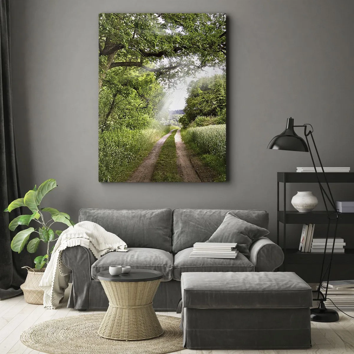 Obraz na płótnie - Polna droga wśród zielonych drzew i promieni słońca - 70x100cm - Et in Arcadia ego - Nowoczesna dekoracja ścienna do salonu i sypialni ARTTOR