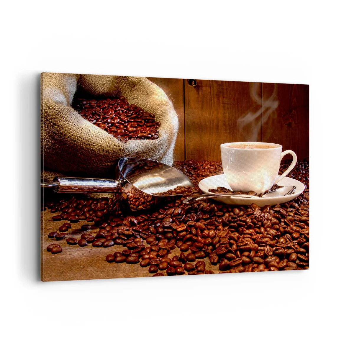Obraz na płótnie - Filiżanka kawy na tle ziaren kawowych i worka zbożowego - 120x80cm - Czujesz ten zapach? - Nowoczesna dekoracja ścienna do salonu, kuchni i sypialni ARTTOR