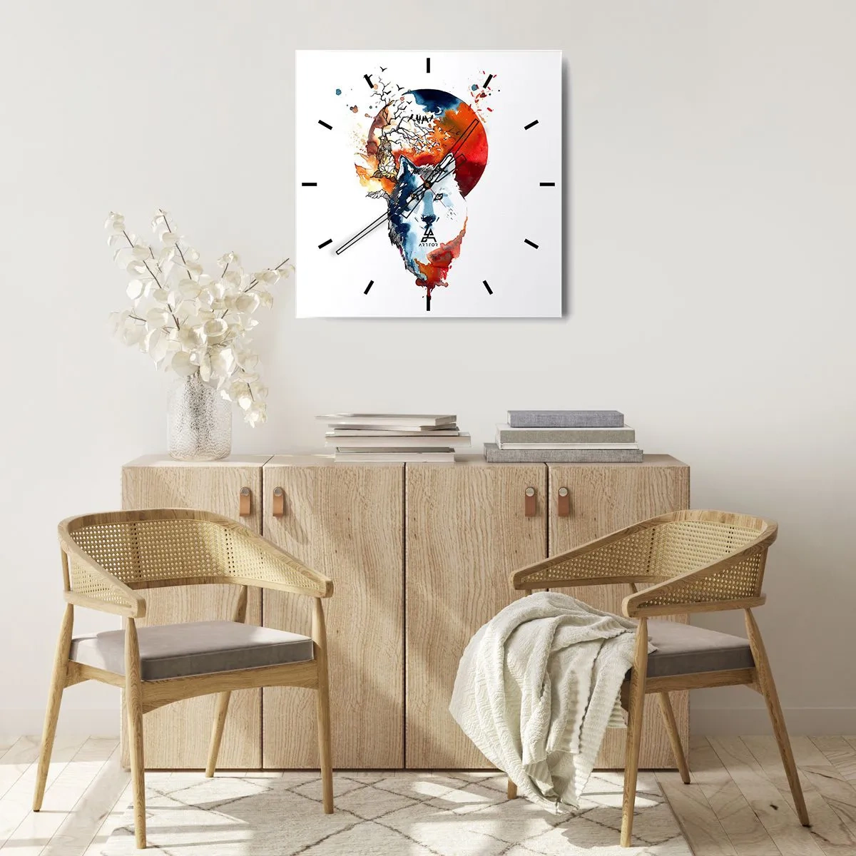 Zegar ścienny - Abstrakcyjna akwarela wilka na tle czerwonego księżyca - 30x30cm - Nos w nos z nocą - Nowoczesna dekoracja ścienna do salonu i sypialni ARTTOR