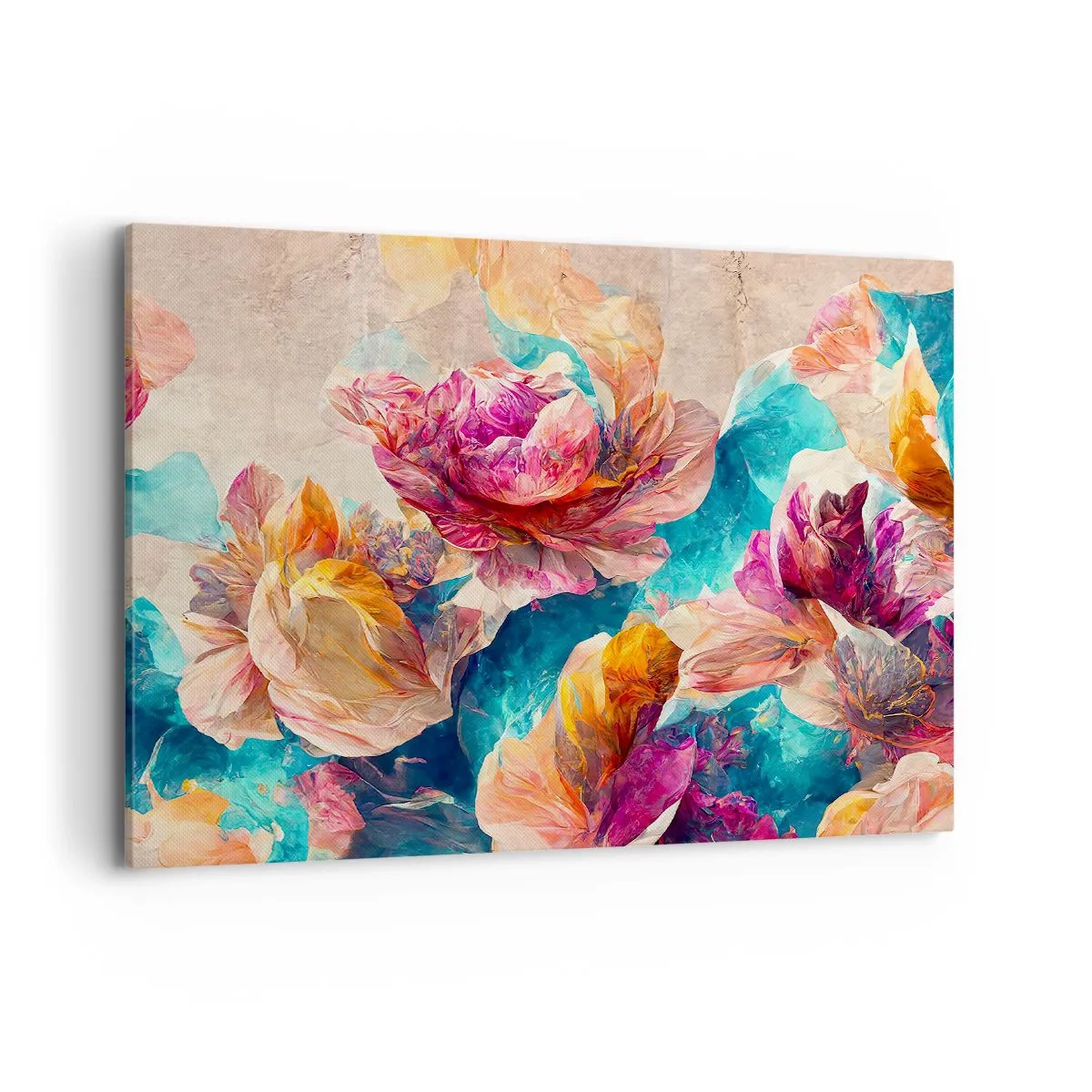Obraz na płótnie - Kolorowe kwiaty na beżowym tle - 100x70cm - Barwny przepych bukietu - Nowoczesna dekoracja ścienna do salonu, kuchni i sypialni ARTTOR