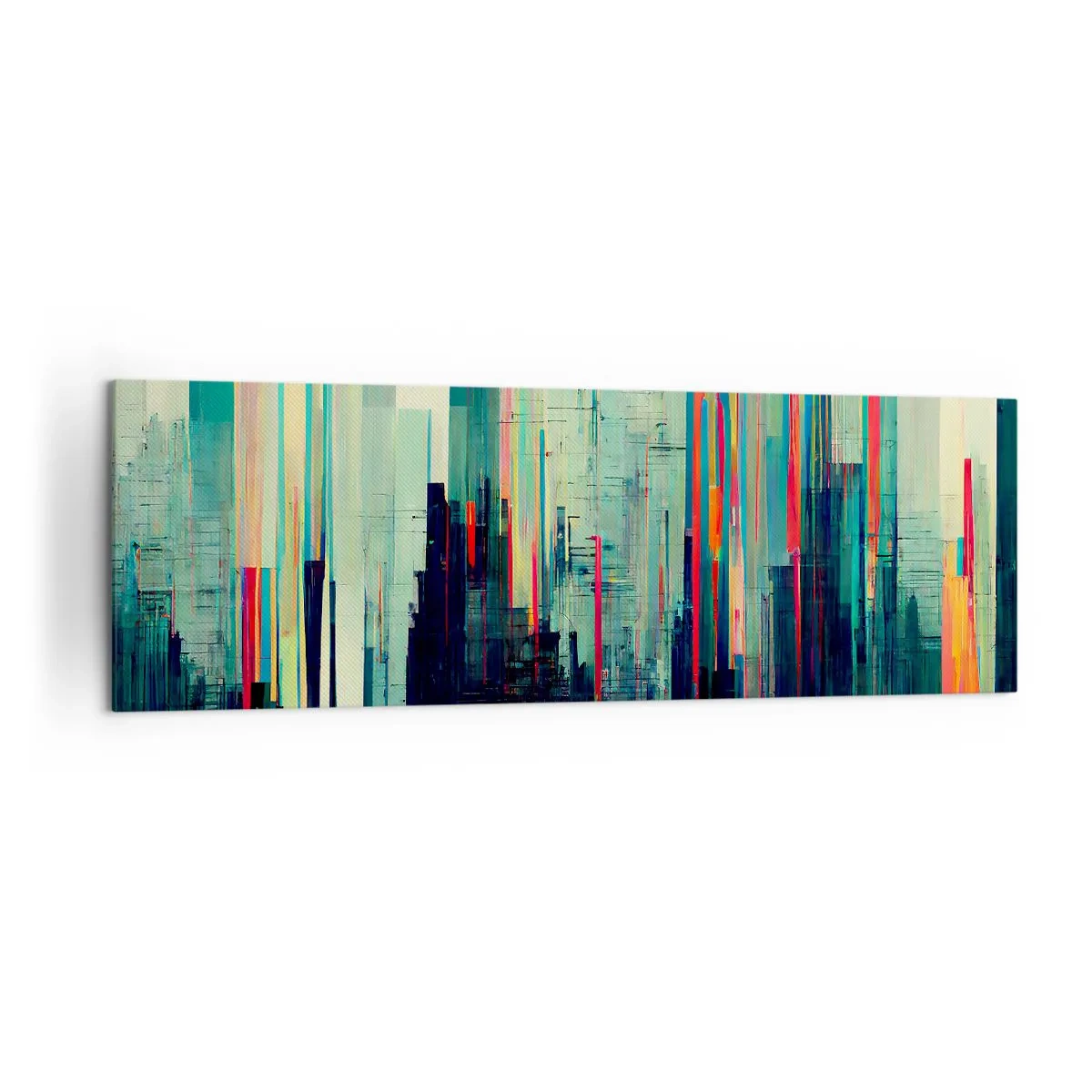 Obraz na płótnie - Abstrakcja z pionowymi liniami i miejską panoramą - 160x50cm - Futurystyczne miasto - Nowoczesna dekoracja ścienna do salonu i sypialni ARTTOR