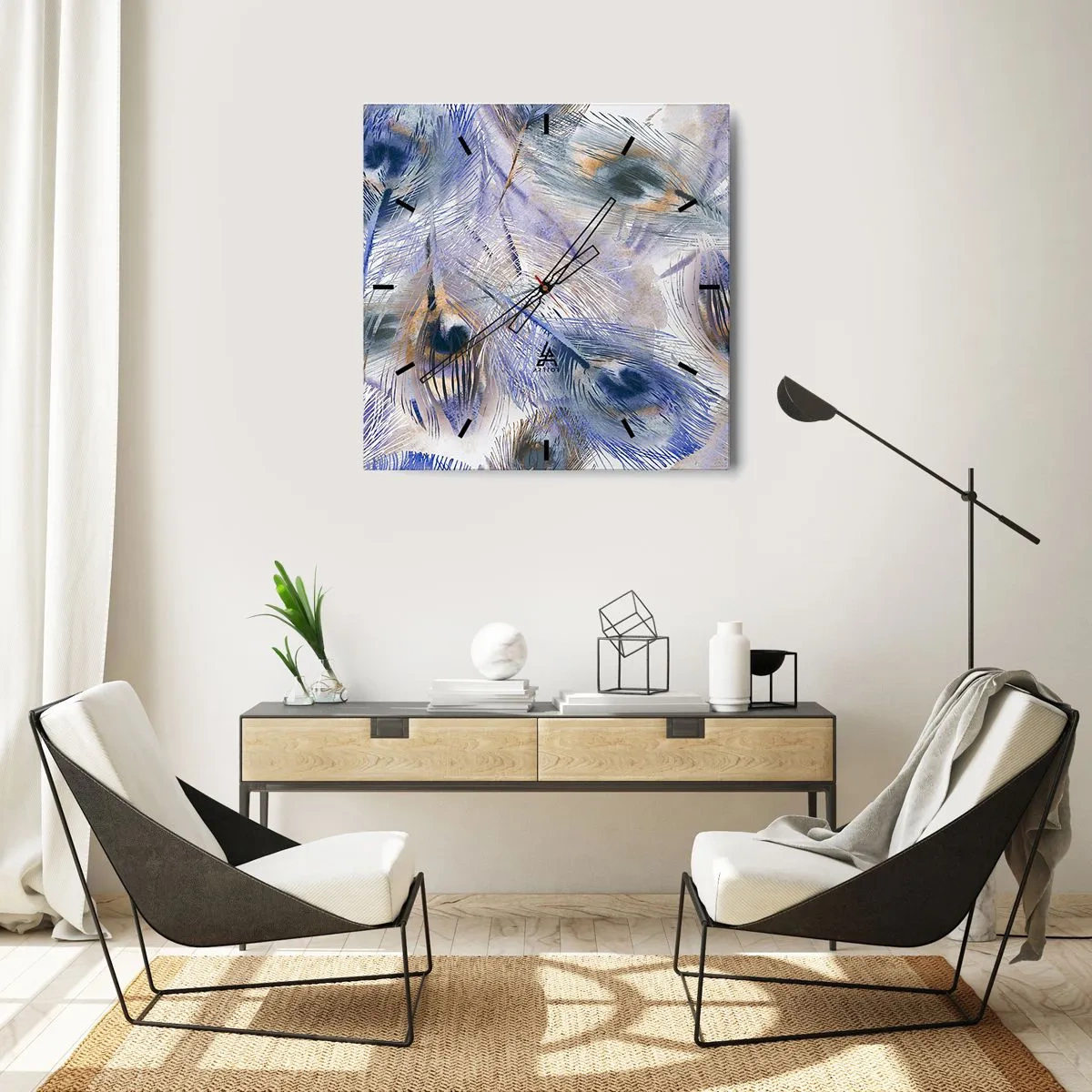 Zegar ścienny - Wzór z piórami pawia w odcieniach błękitu i złota - 30x30cm - Pawiooka kompozycja - Nowoczesna dekoracja ścienna do salonu i sypialni ARTTOR