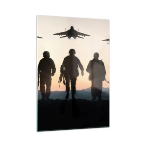 Obraz na szkle - Żołnierze na tle zachodzącego słońca i odrzutowce - 50x70cm - Witaj w naszym świecie - Nowoczesna dekoracja ścienna do salonu, kuchni i sypialni ARTTOR