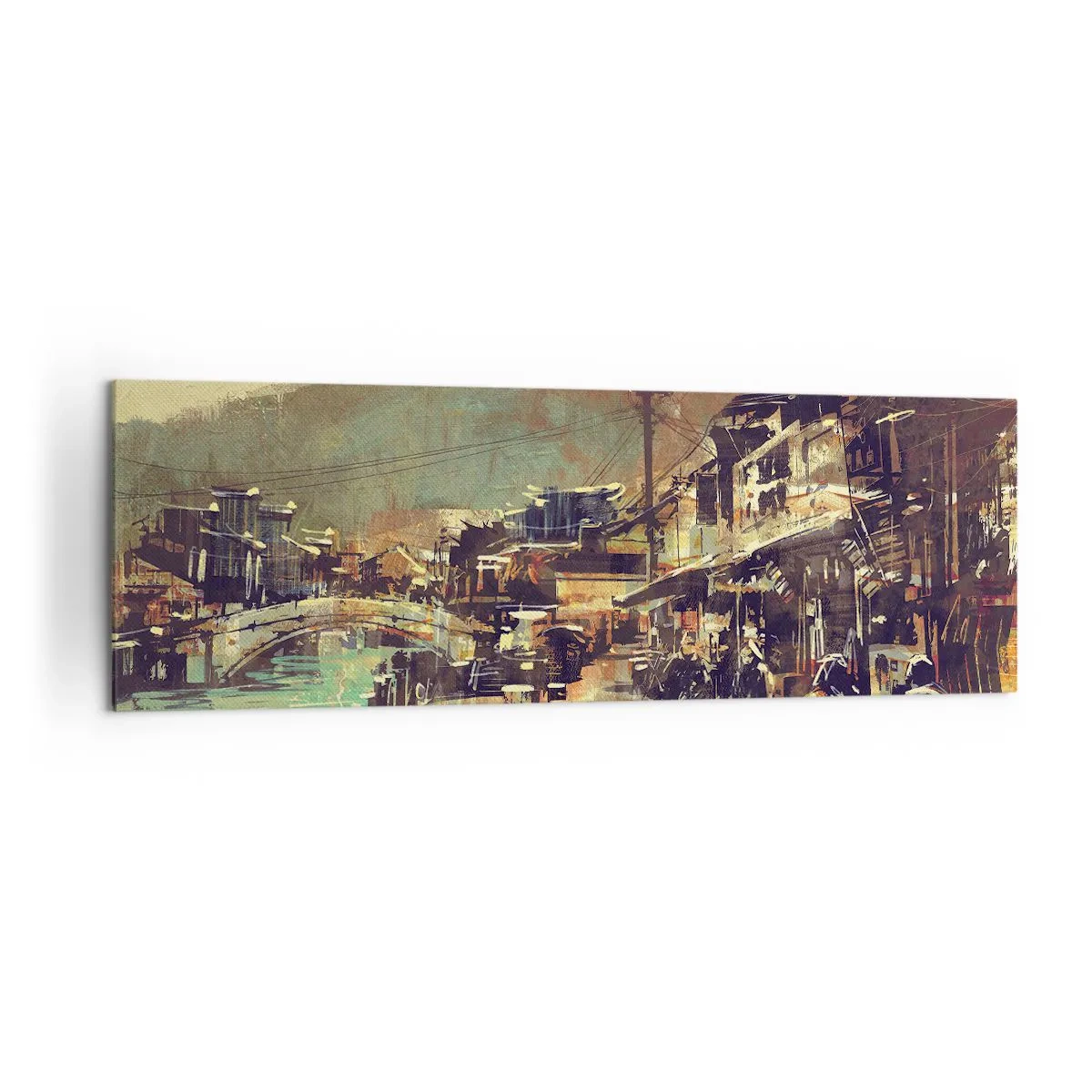 Obraz na płótnie - Miasteczko z mostem i uliczkami w artystycznym stylu - 160x50cm - Życie jako bogactwo szarości - Nowoczesna dekoracja ścienna do salonu i sypialni ARTTOR
