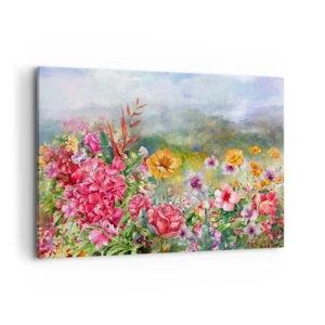 Obraz na płótnie - Barwna kompozycja kwiatów na tle pejzażu w pastelowych kolorach - 120x80cm - Ogród, który oszalał - Nowoczesna dekoracja ścienna do salonu, kuchni i sypialni ARTTOR