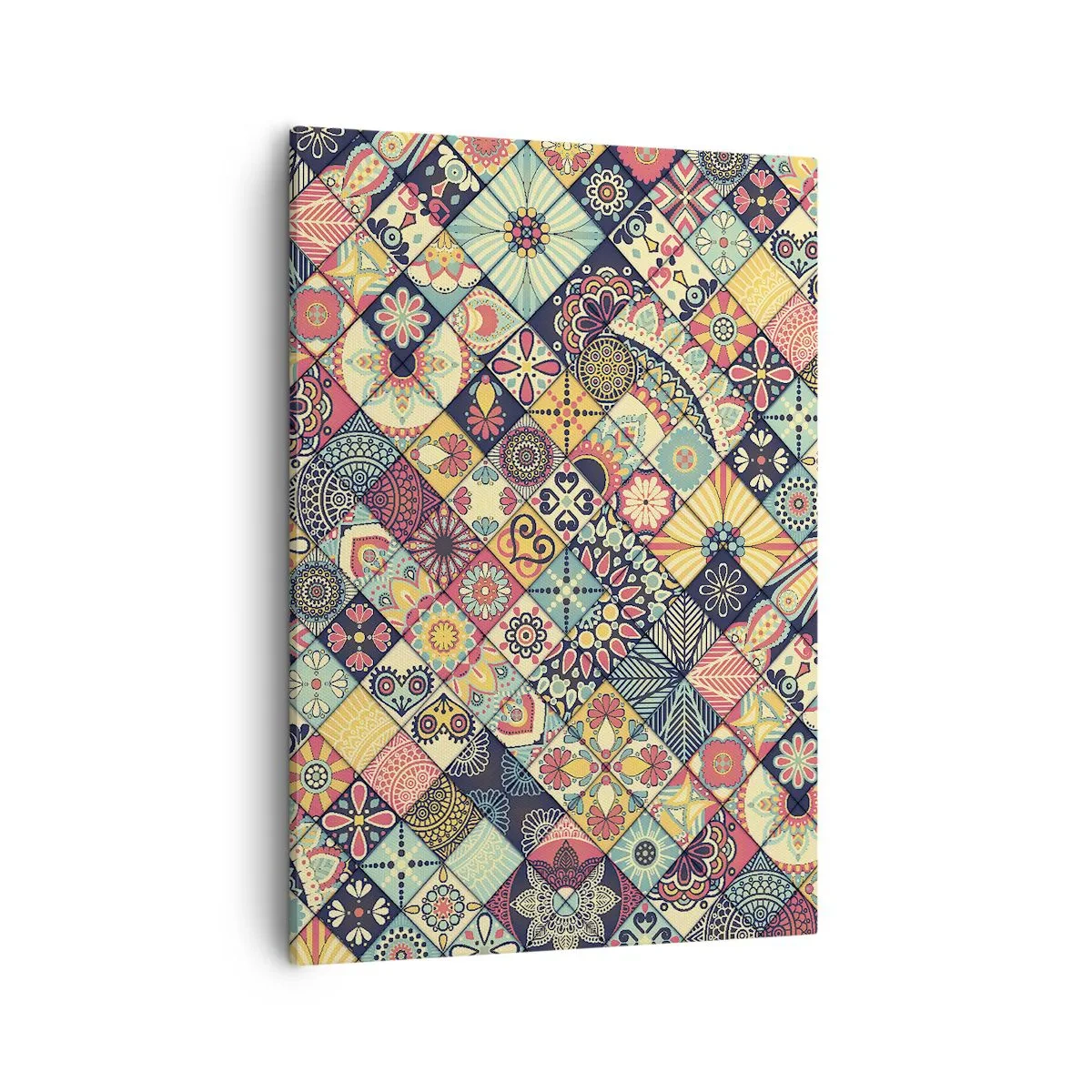 Obraz na płótnie - Kolorowy patchwork z orientalnymi wzorami w geometrycznym układzie - 50x70cm - Marokańskie klimaty - Nowoczesna dekoracja ścienna do salonu, kuchni i sypialni ARTTOR