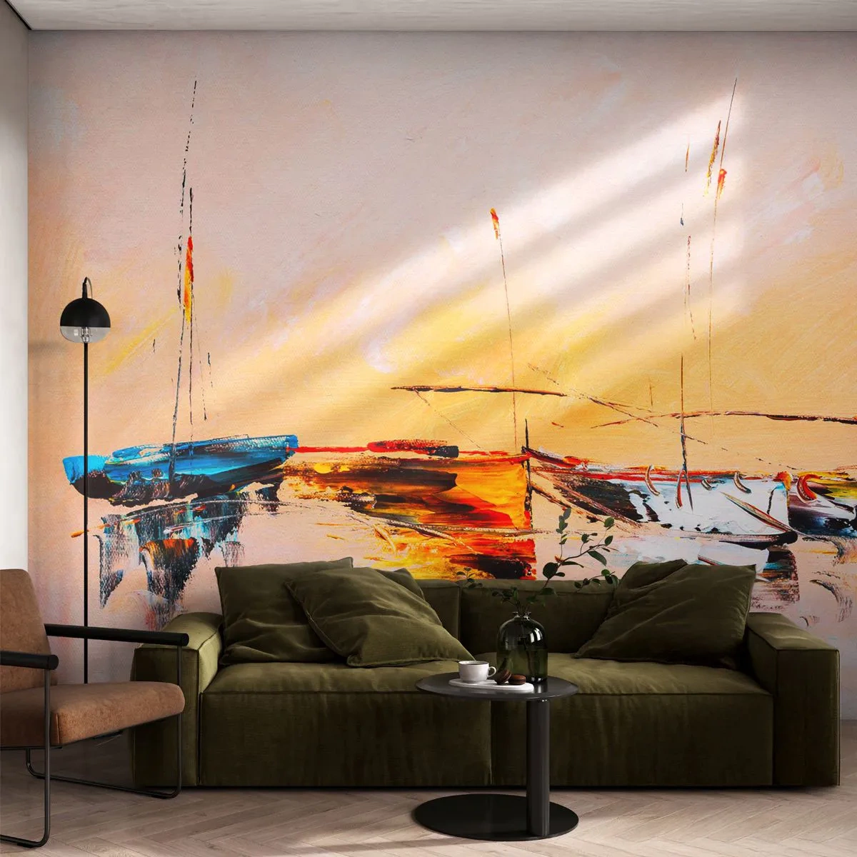 Fototapeta Premium Sand - Kolorowe łodzie na wodzie w świetle zachodzącego słońca - 100x70cm - Wieczór w przystani - Nowoczesna dekoracja ścienna do salonu, kuchni i sypialni ARTTOR