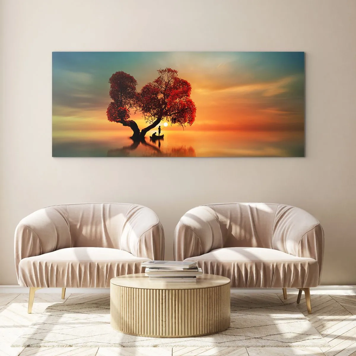 Obraz na szkle - Drzewo o czerwonych liściach i łódź na wodzie o zachodzie słońca - 160x50cm - Oddaleńcy i ciszyzna bezświata - Nowoczesna dekoracja ścienna do salonu i sypialni ARTTOR