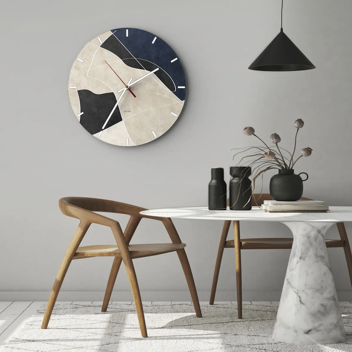 Zegar ścienny - Minimalistyczne formy w beżu, czerni i granacie z białą linią - 30x30cm - Kompozycja abstrakcyjna – kontrast barw - Nowoczesna dekoracja ścienna do salonu, kuchni i sypialni ARTTOR