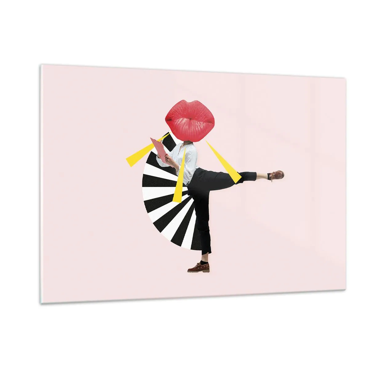 Obraz na szkle - Surrealistyczna kompozycja pop-art z postacią z wielkimi ustami na tle różowego tła - 120x80cm - Surrealistyczny pop-art - Nowoczesna dekoracja ścienna do salonu, kuchni i sypialni ARTTOR