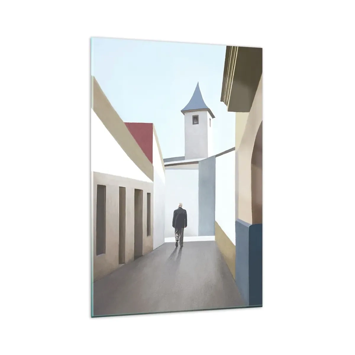 Obraz na szkle - Minimalistyczna uliczka z sylwetką mężczyzny w tle - 80x120cm - Słoneczny spacer - Nowoczesna dekoracja ścienna do salonu i sypialni ARTTOR