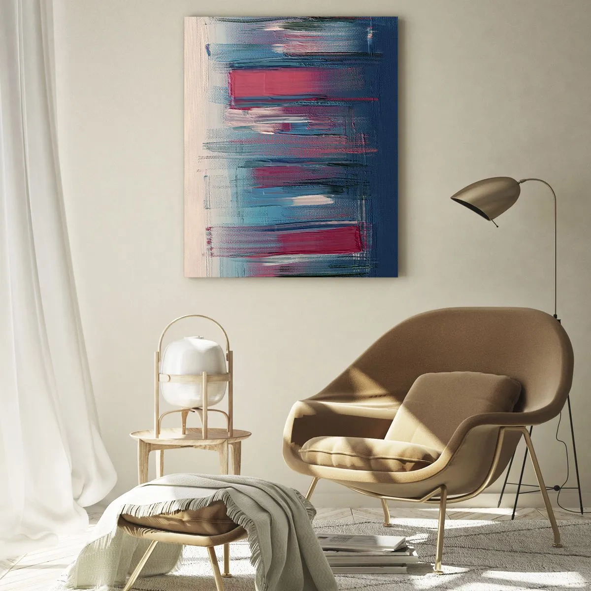 Obraz na szkle - Wertykalne pociągnięcia pędzla w czerwieni i błękicie na tle beżu - 50x70cm - Kompozycja wertykalna w błękicie i czerwieni - Nowoczesna dekoracja ścienna do salonu, kuchni i sypialni ARTTOR